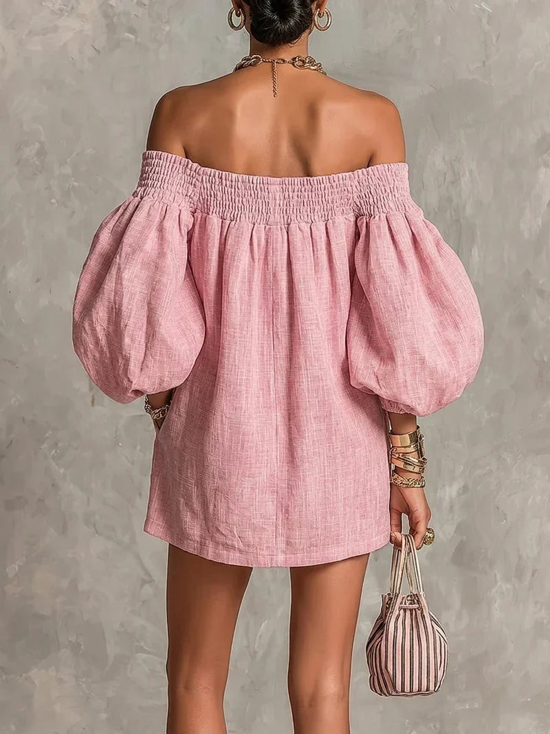 Gisela Mini Dress Pink A-Line with Puff Sleeves and Off-Shoulder Design