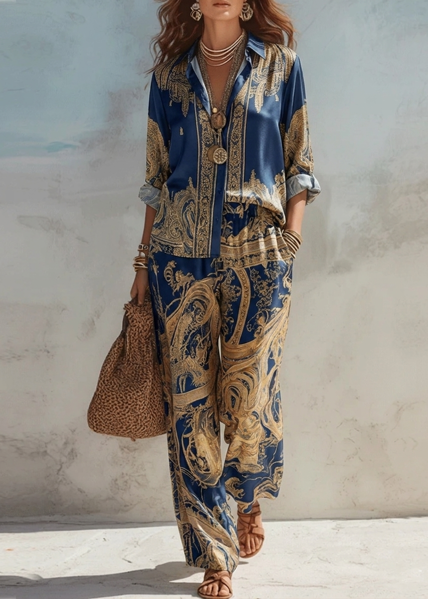 Jyllia | Gold Baroque Print Satin Two-Piece Set