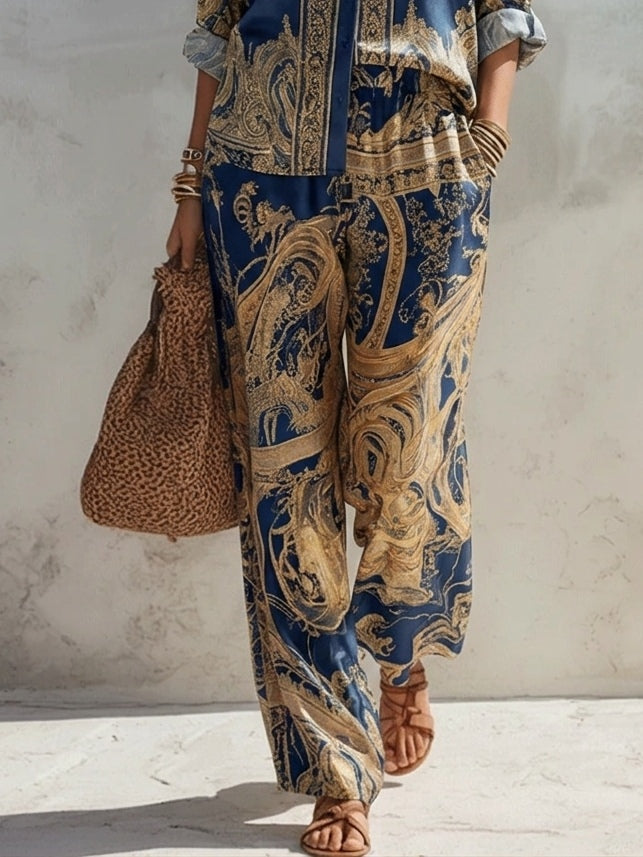 Jyllia | Gold Baroque Print Satin Two-Piece Set