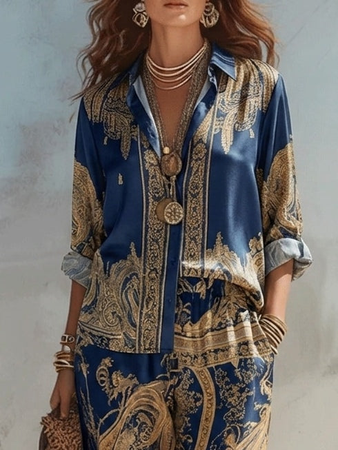 Jyllia | Gold Baroque Print Satin Two-Piece Set