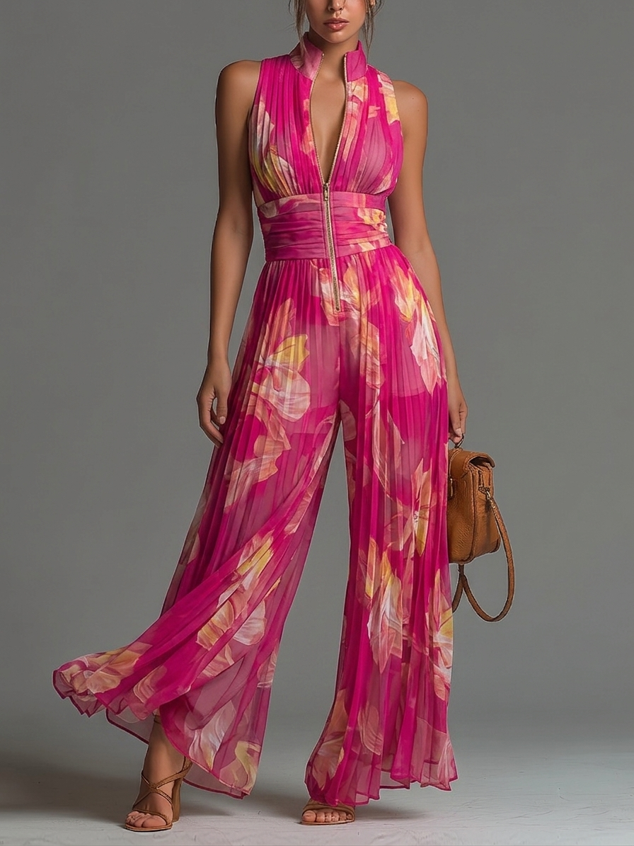 Leabella™ | Fuchsia Floral Pleated Jumpsuit