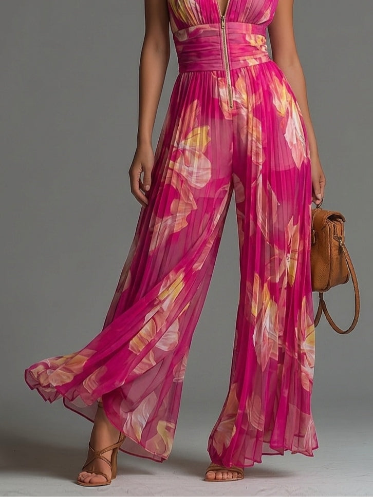 Leabella™ | Fuchsia Floral Pleated Jumpsuit