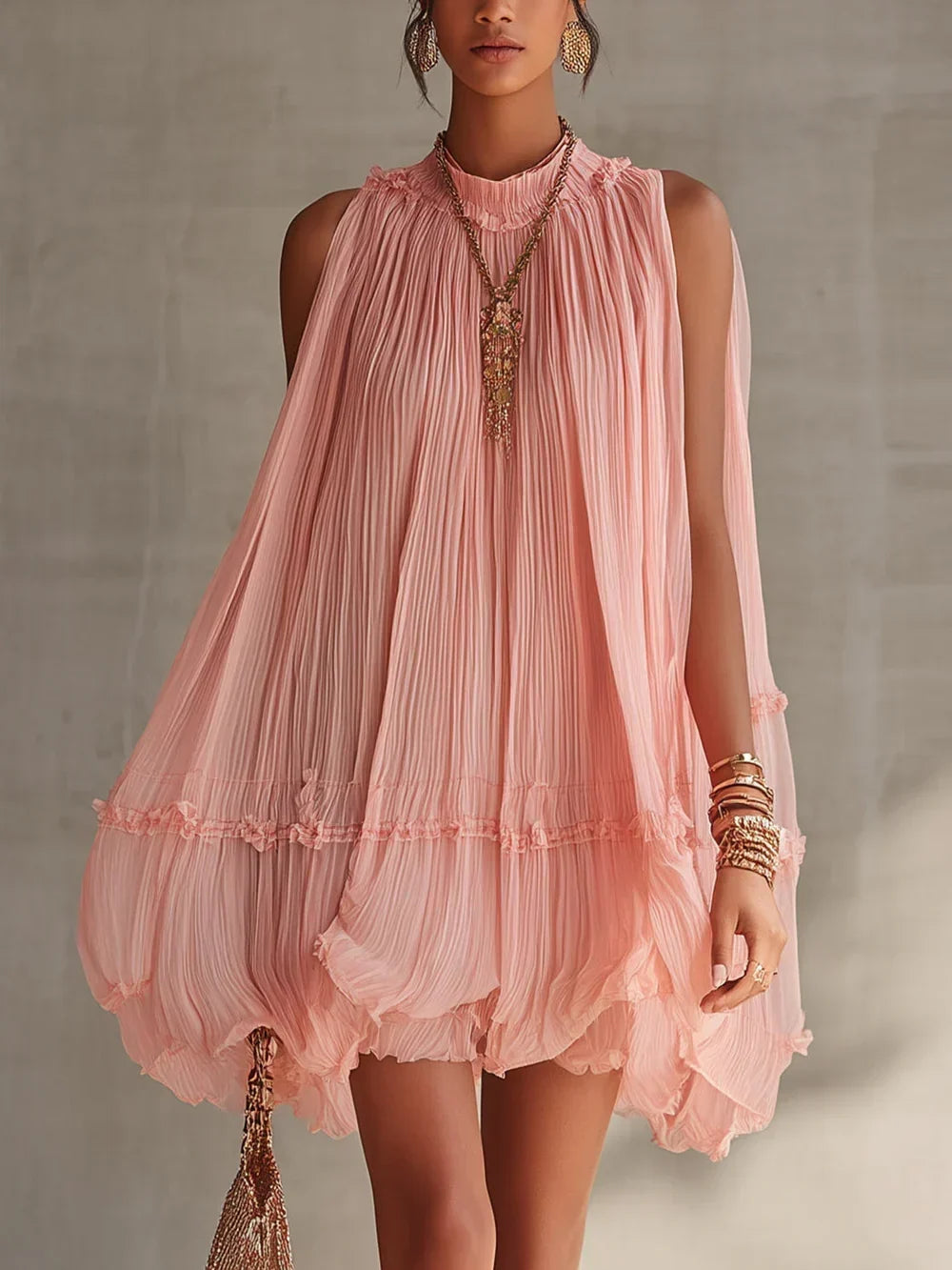 Magdalena Pink Striped Chiffon Mini Dress with Halter Neck