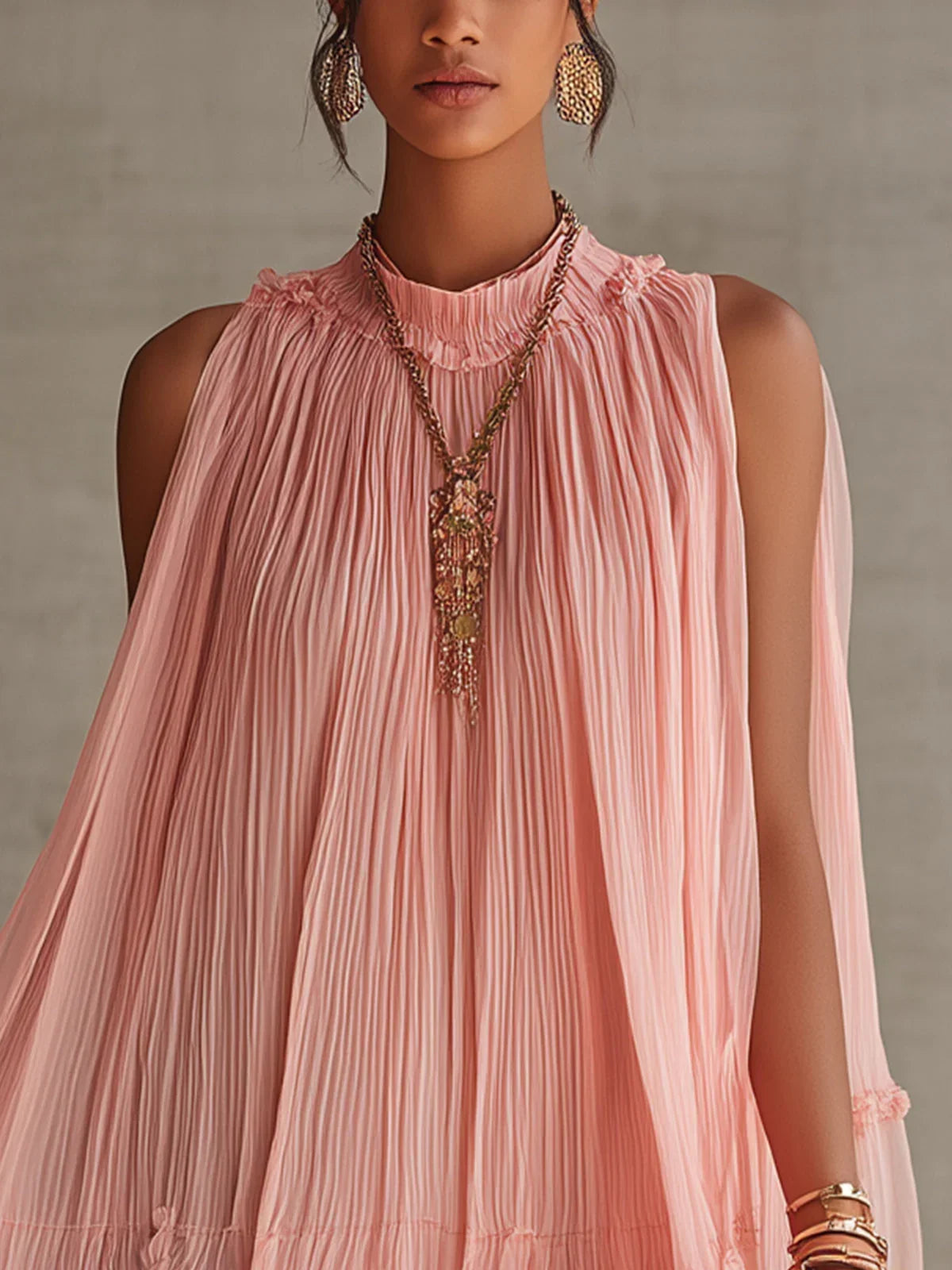 Magdalena Pink Striped Chiffon Mini Dress with Halter Neck