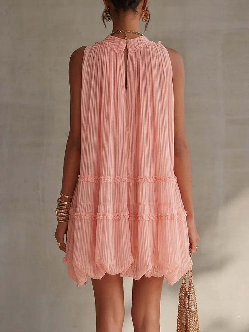 Magdalena Pink Striped Chiffon Mini Dress with Halter Neck