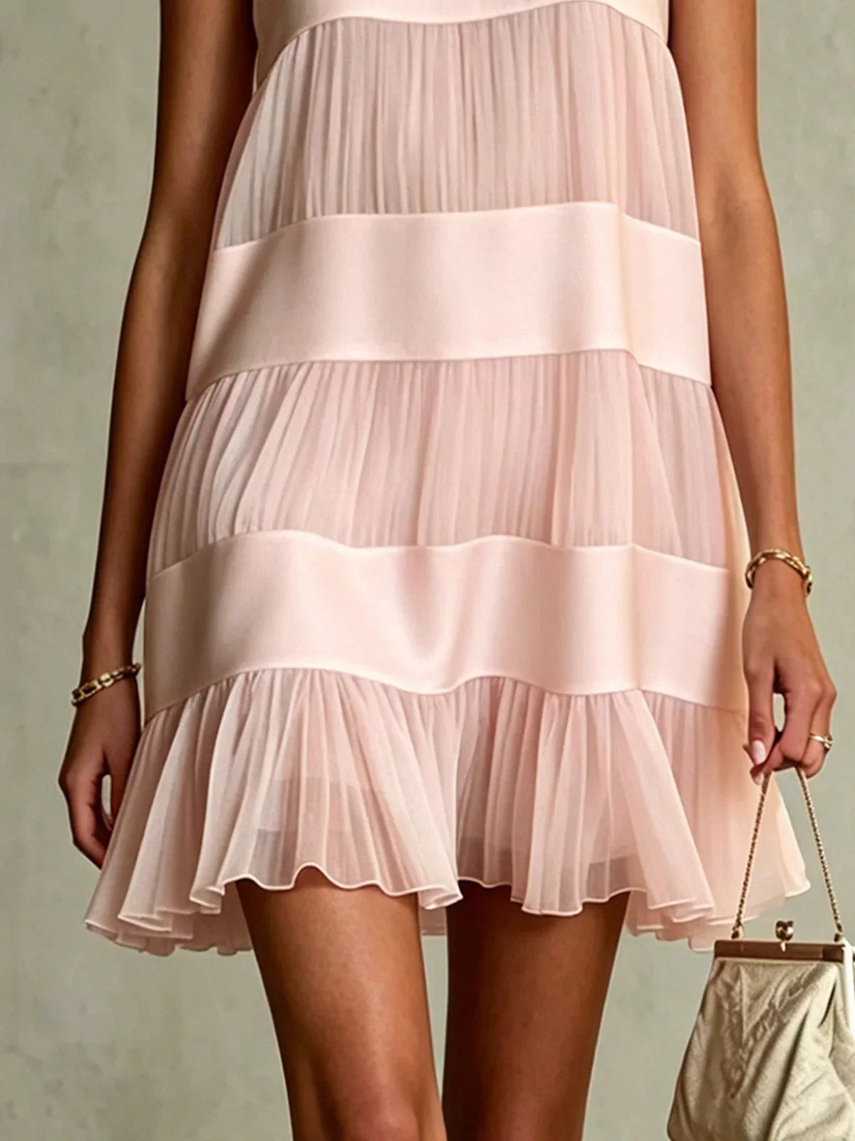 Light Pink Pleated Chiffon Mini Dress with Layered Design and Patchwork