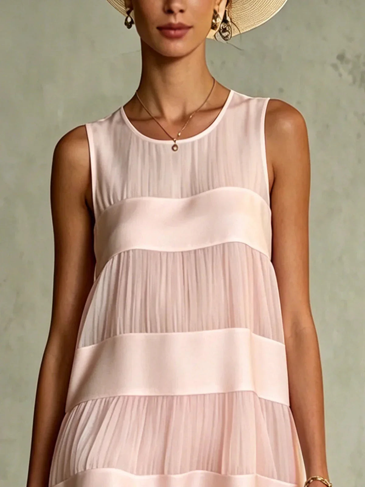 Light Pink Pleated Chiffon Mini Dress with Layered Design and Patchwork