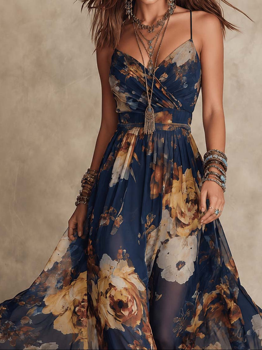 Navy Blue Chiffon Floral Print Spaghetti Strap Maxi Dress