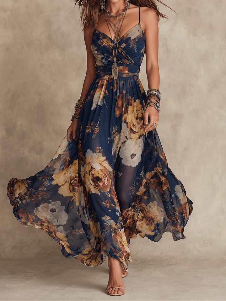 Navy Blue Chiffon Floral Print Spaghetti Strap Maxi Dress