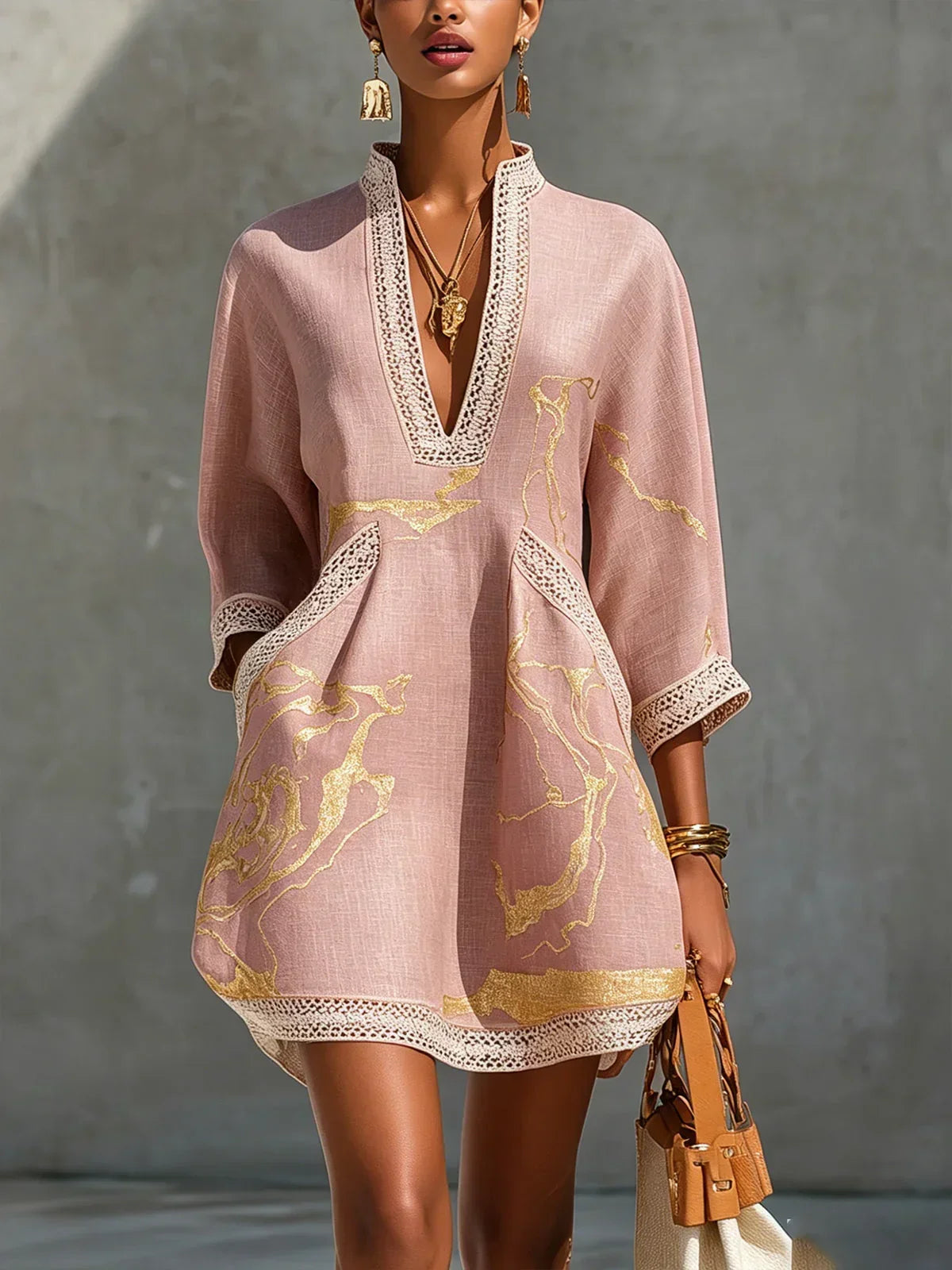 Calista Mini Lace Dress in Pink with V-Neck