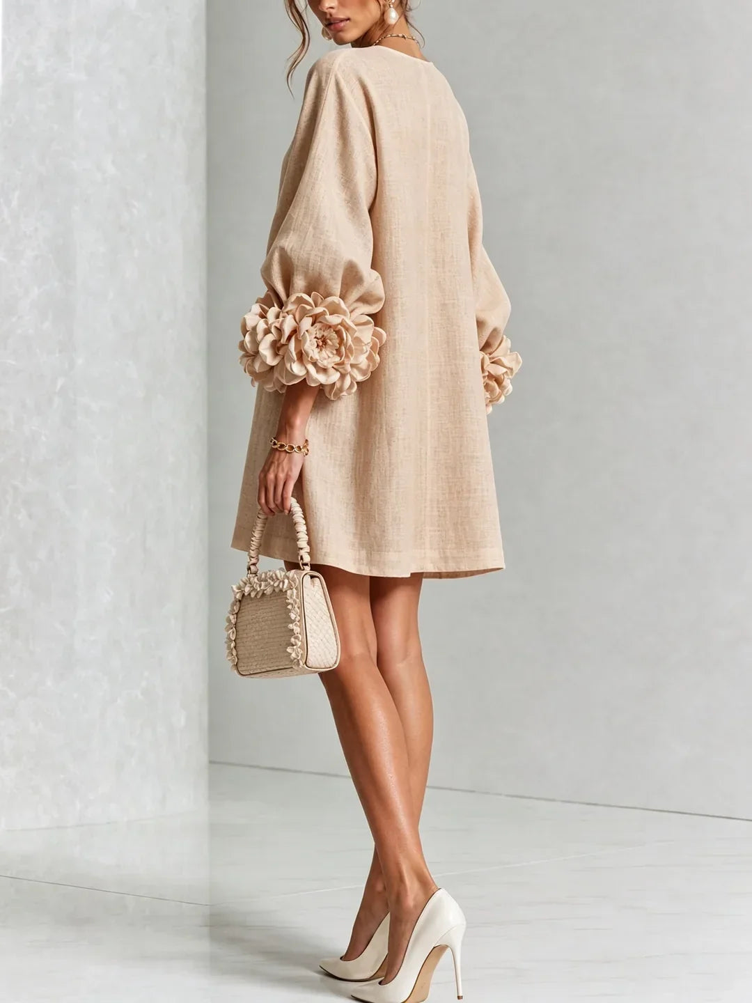 Elvira Mini Dress with Floral Buttons and Flower Sleeves
