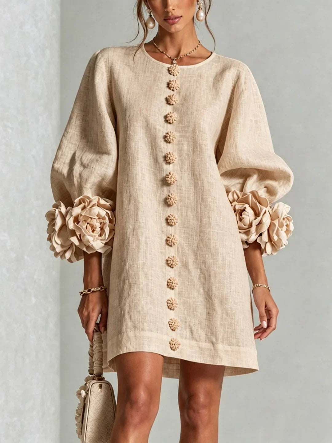 Elvira Mini Dress with Floral Buttons and Flower Sleeves