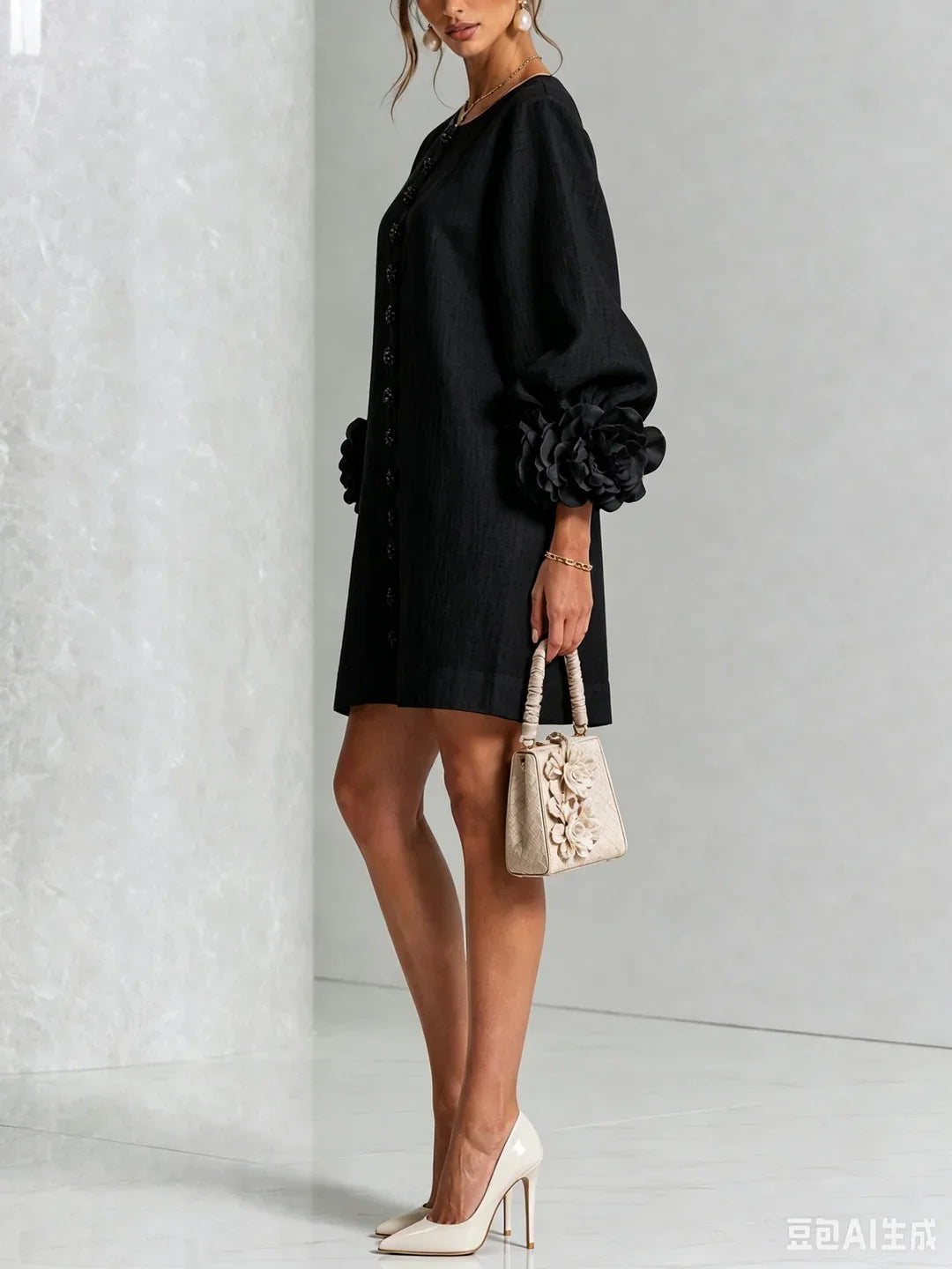Elvira Mini Dress with Floral Buttons and Flower Sleeves