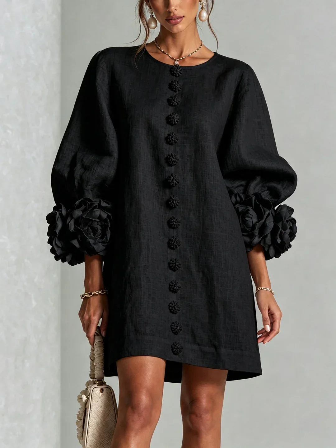 Elvira Mini Dress with Floral Buttons and Flower Sleeves