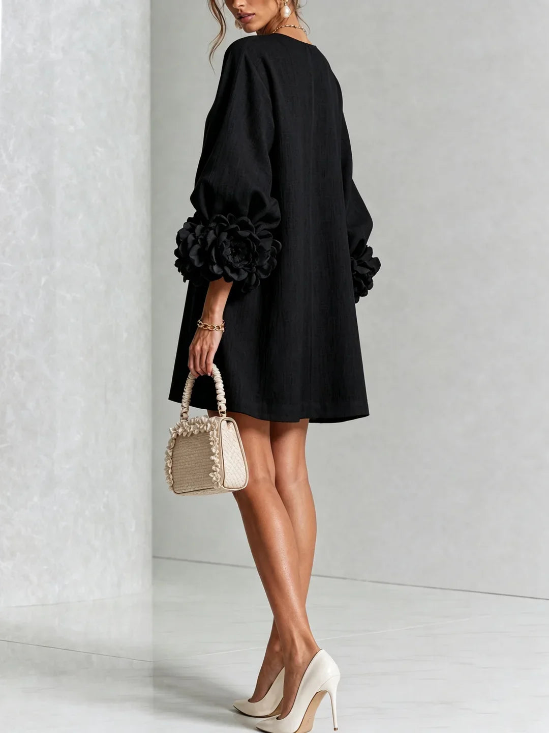 Elvira Mini Dress with Floral Buttons and Flower Sleeves