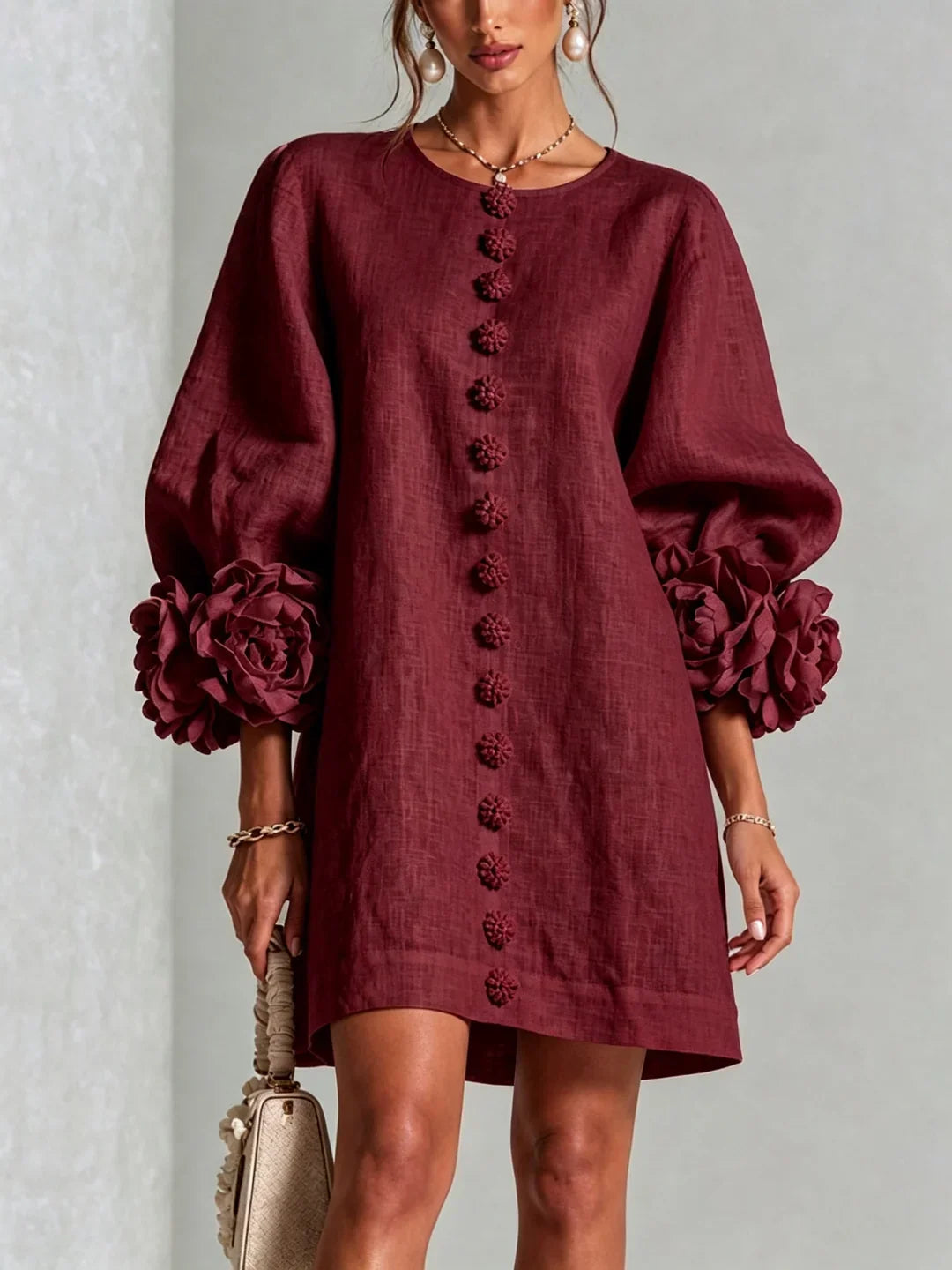 Elvira Mini Dress with Floral Buttons and Flower Sleeves