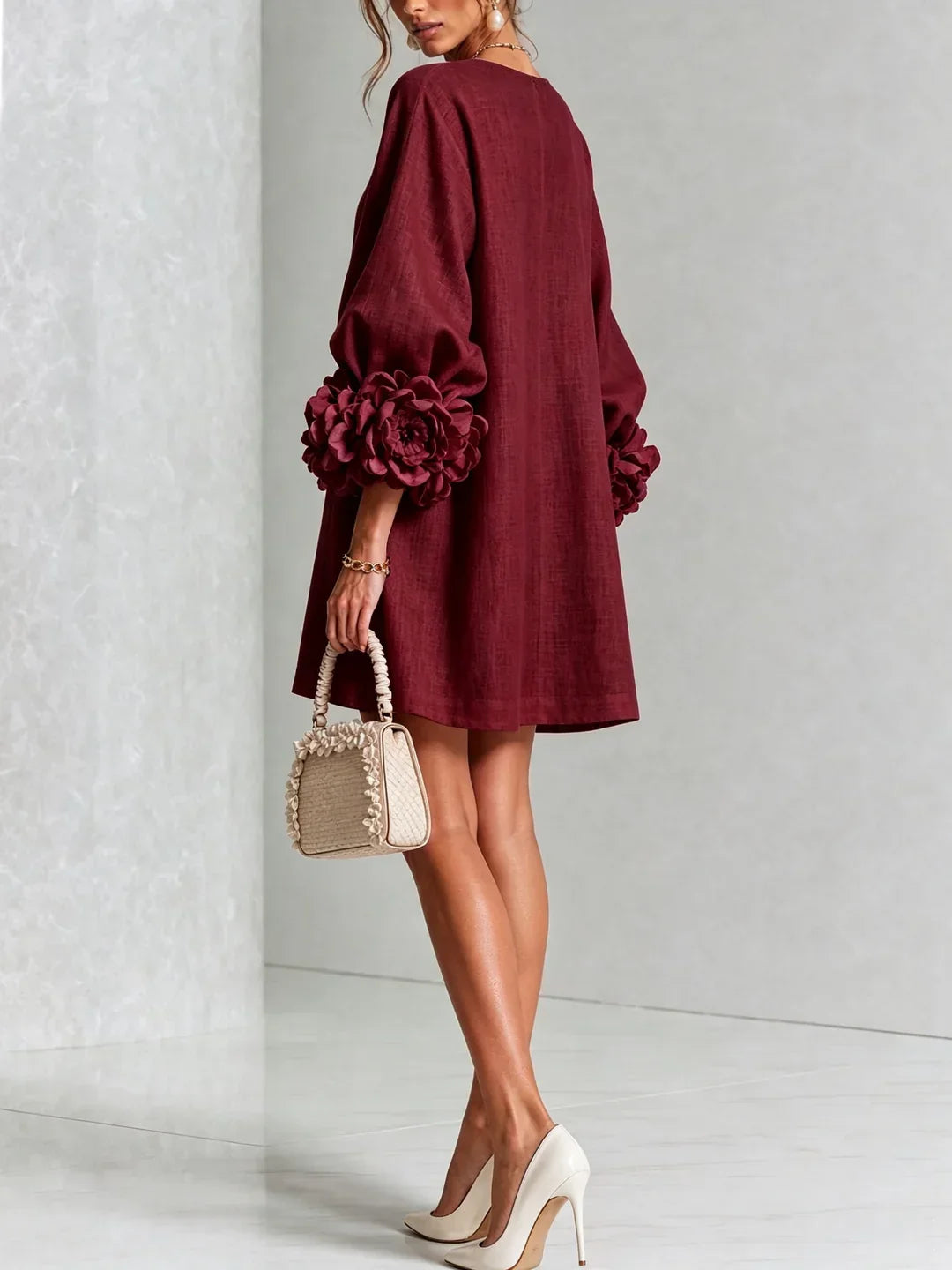 Elvira Mini Dress with Floral Buttons and Flower Sleeves