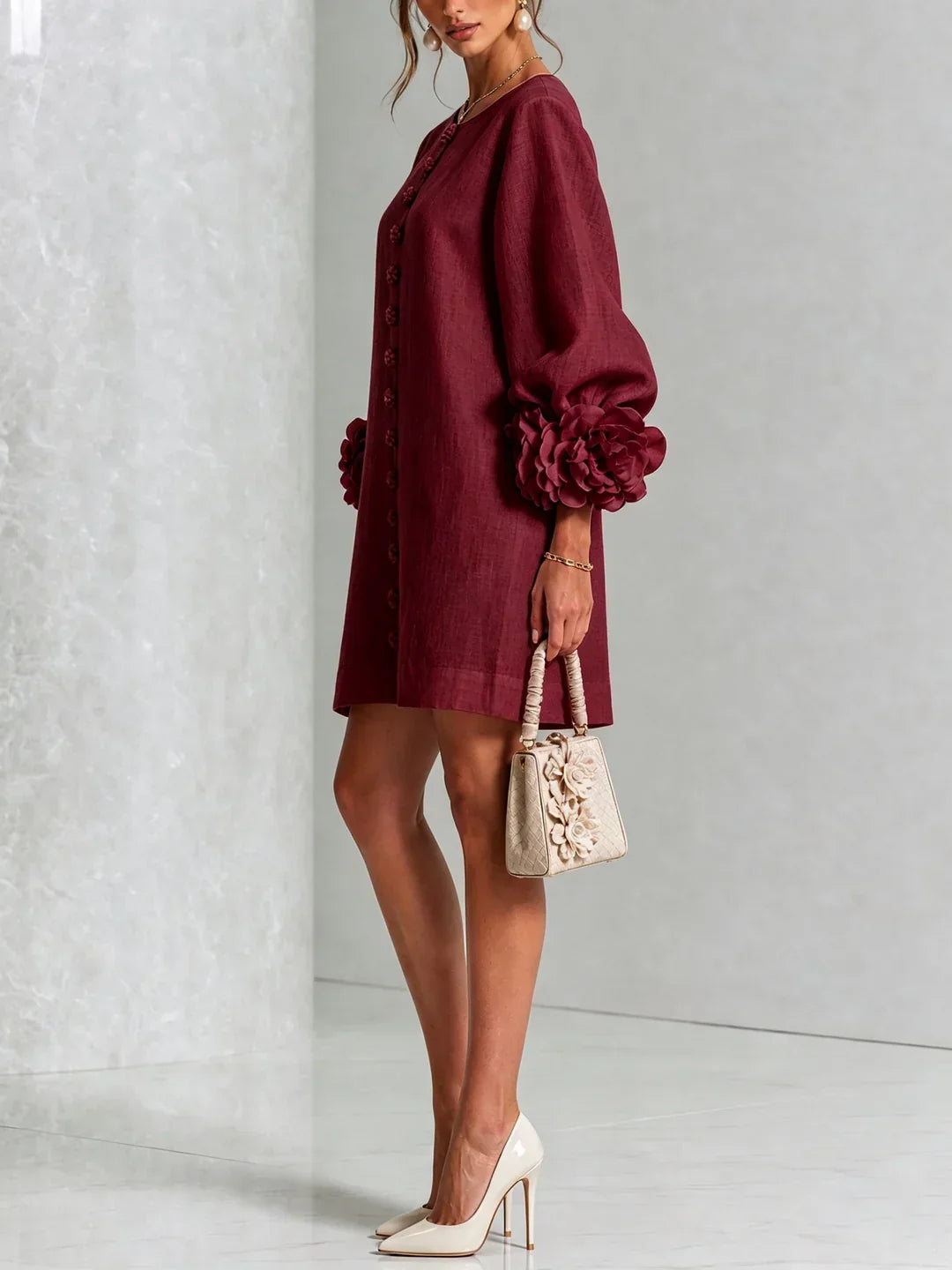 Elvira Mini Dress with Floral Buttons and Flower Sleeves
