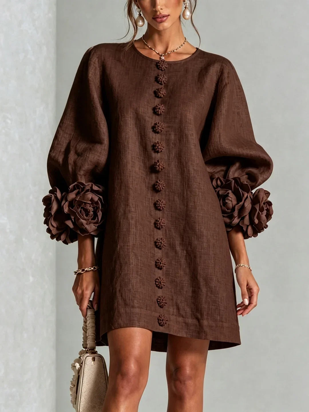Elvira Mini Dress with Floral Buttons and Flower Sleeves