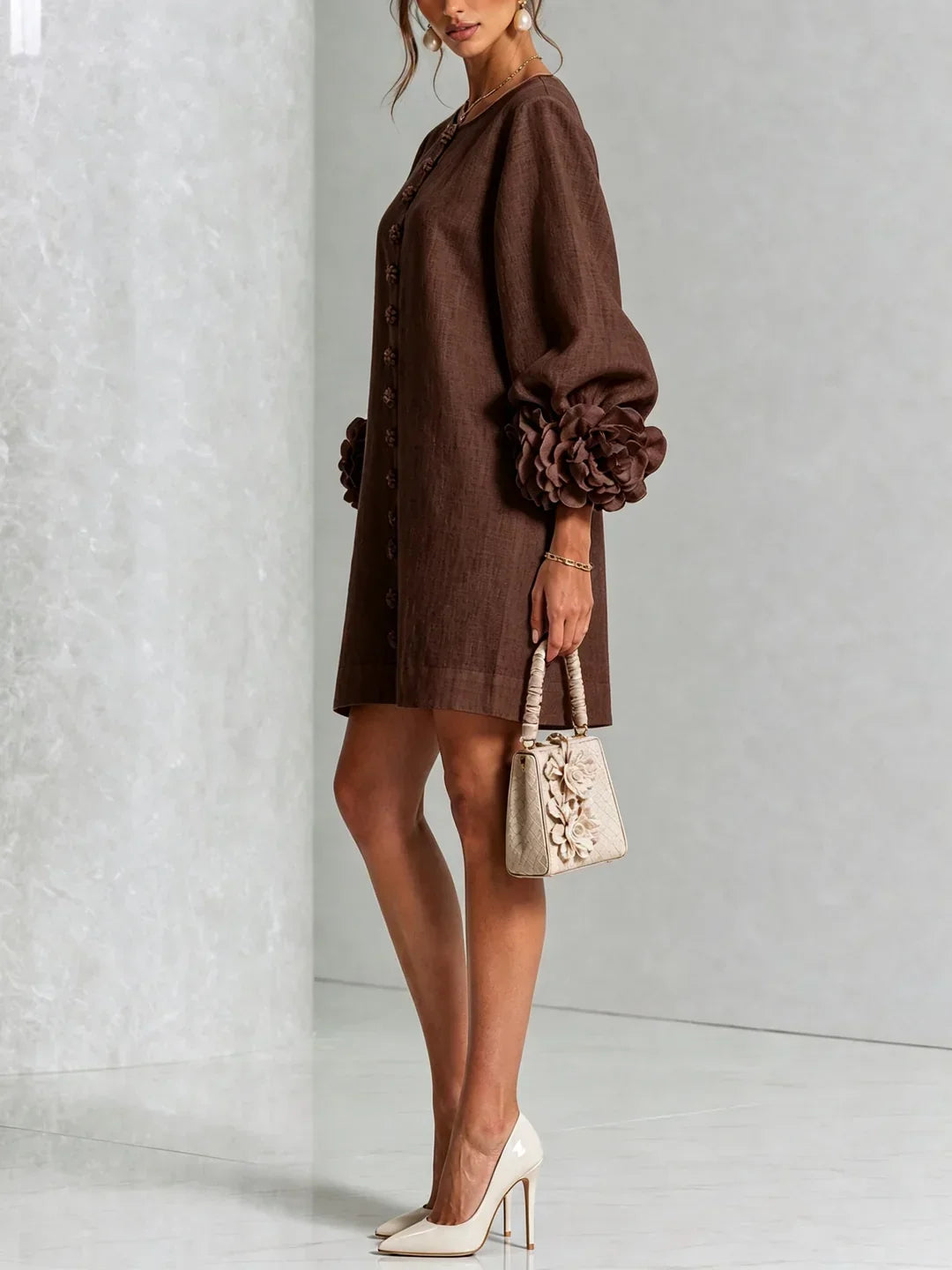 Elvira Mini Dress with Floral Buttons and Flower Sleeves