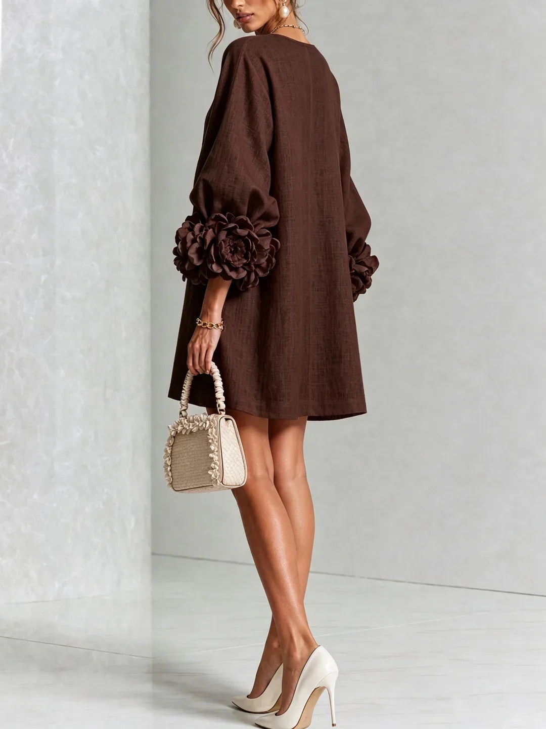 Elvira Mini Dress with Floral Buttons and Flower Sleeves