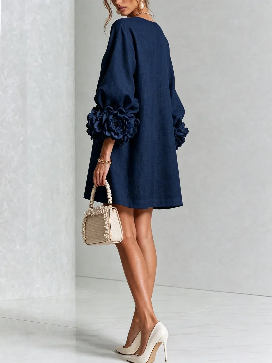 Elvira Mini Dress with Floral Buttons and Flower Sleeves