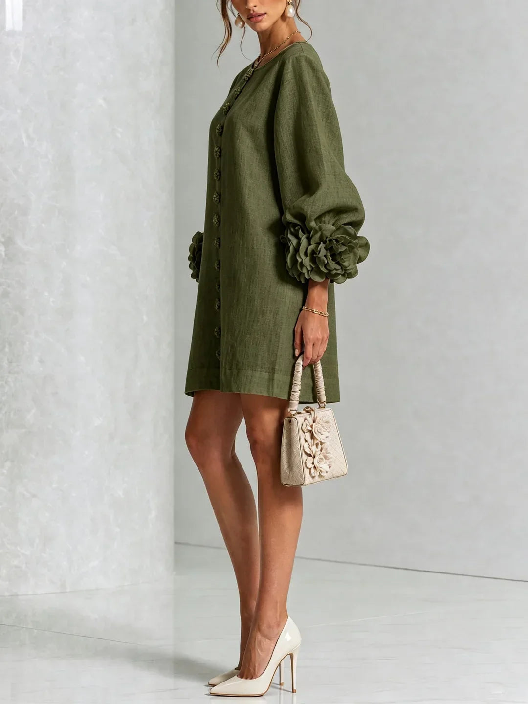 Elvira Mini Dress with Floral Buttons and Flower Sleeves