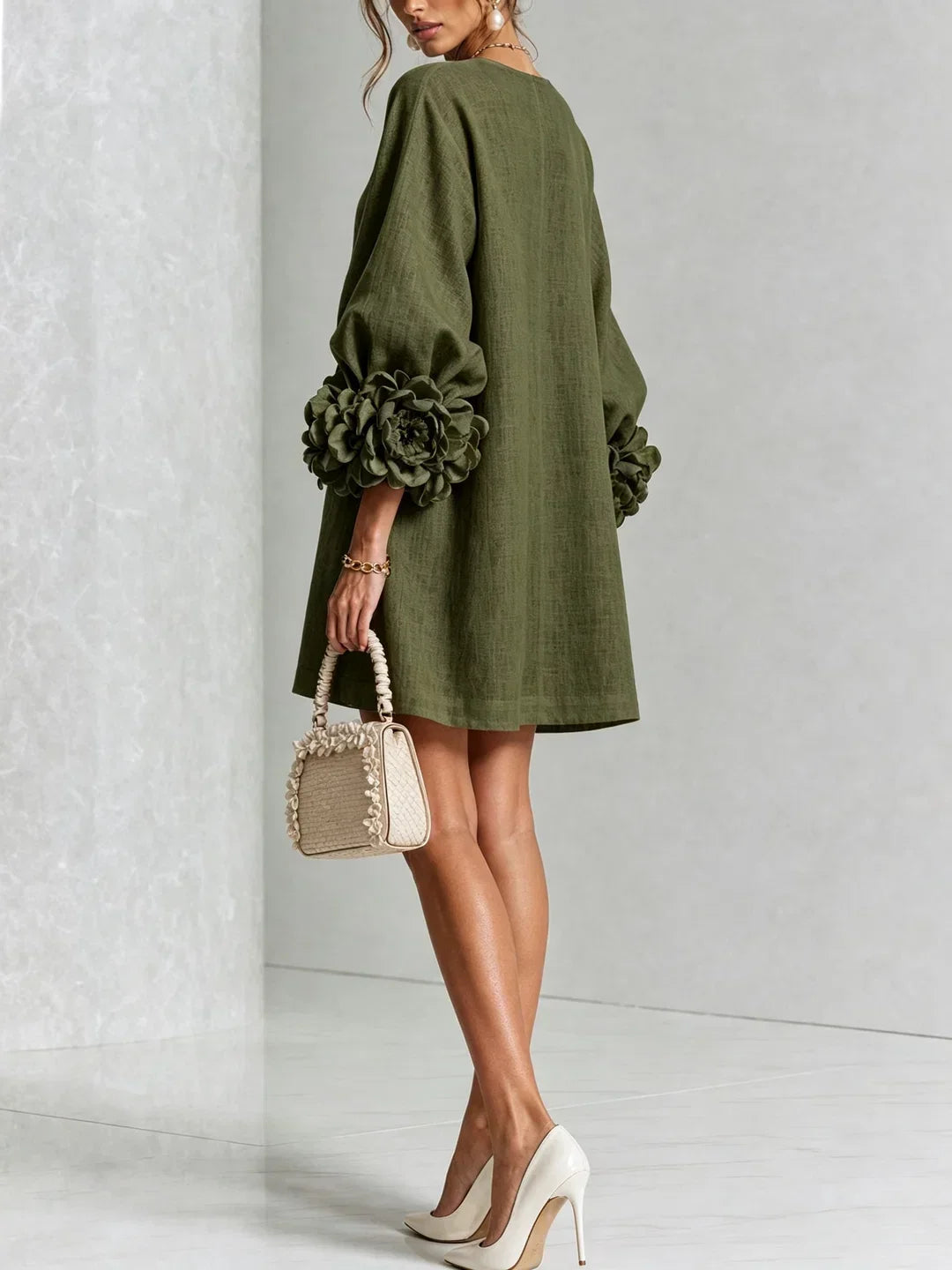 Elvira Mini Dress with Floral Buttons and Flower Sleeves