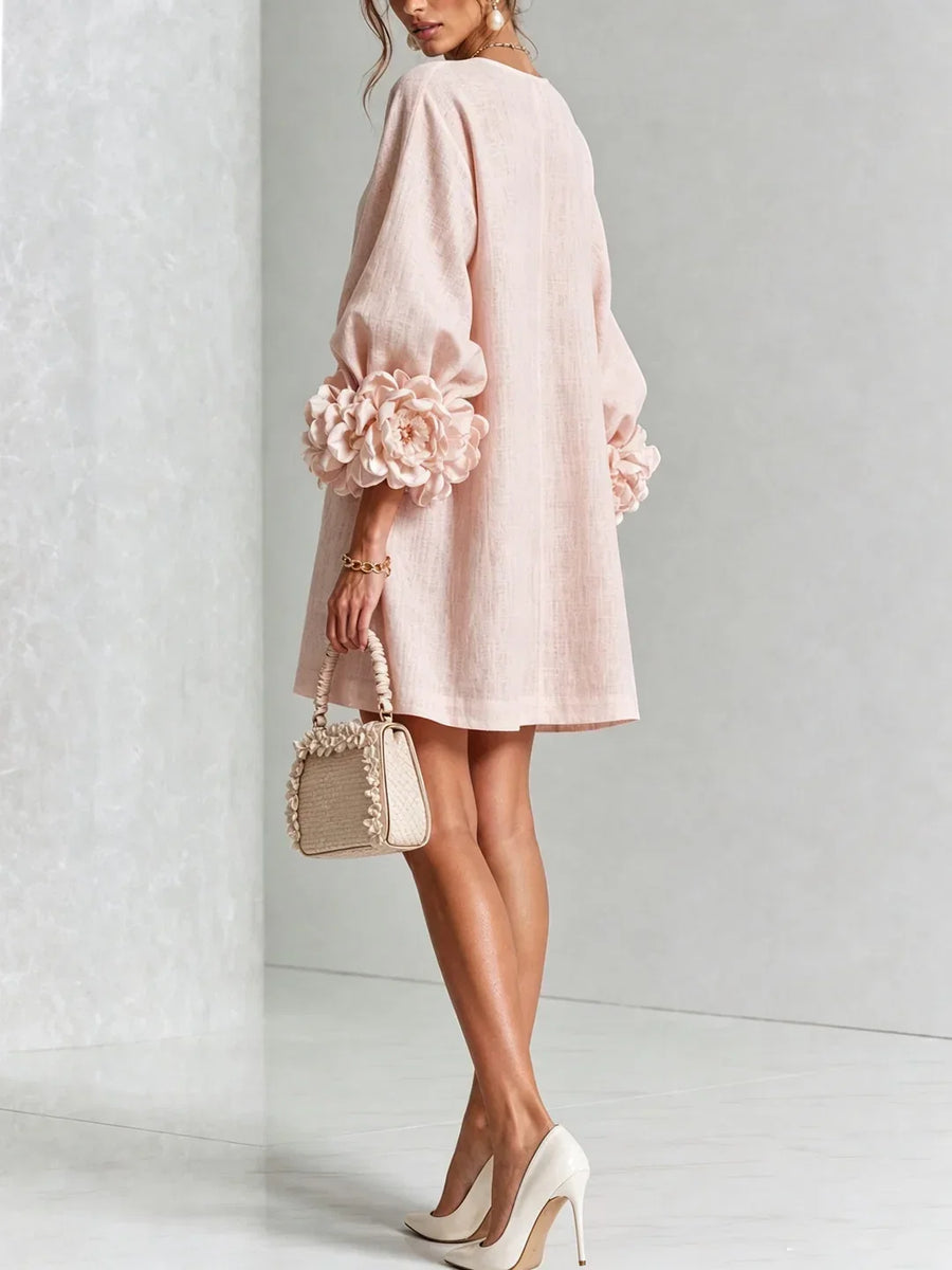 Elvira Mini Dress with Floral Buttons and Flower Sleeves