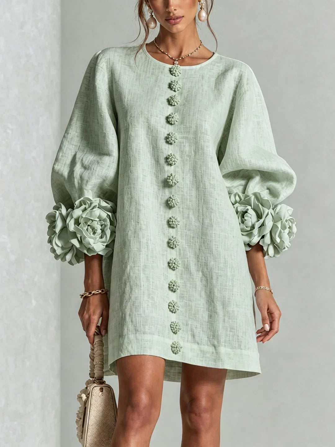 Elvira Mini Dress with Floral Buttons and Flower Sleeves