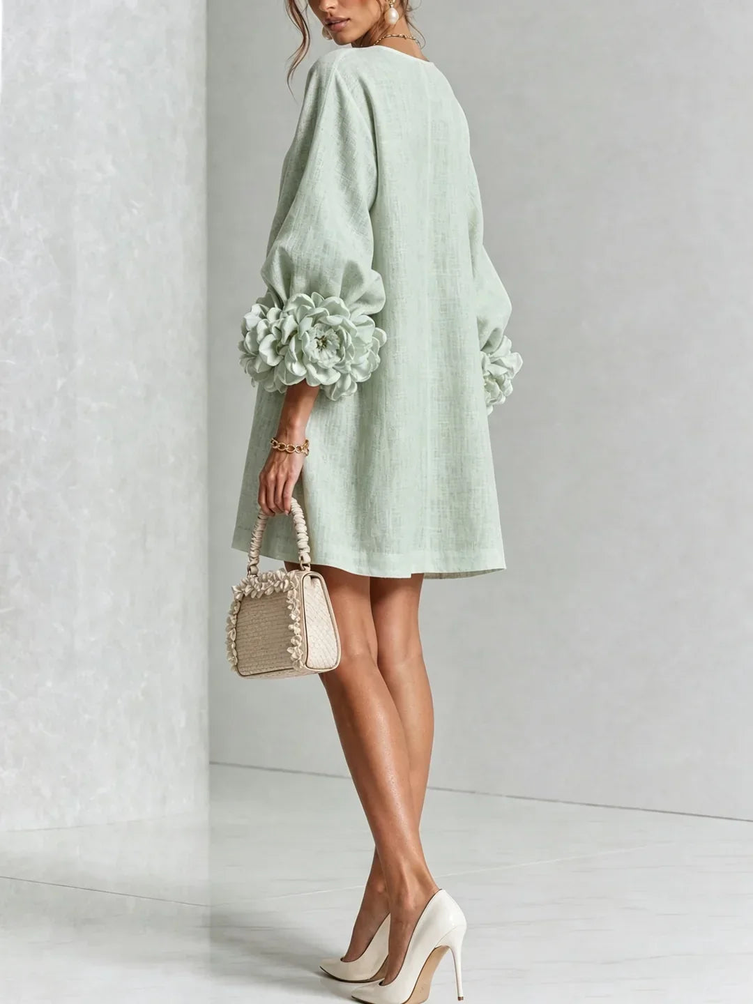 Elvira Mini Dress with Floral Buttons and Flower Sleeves