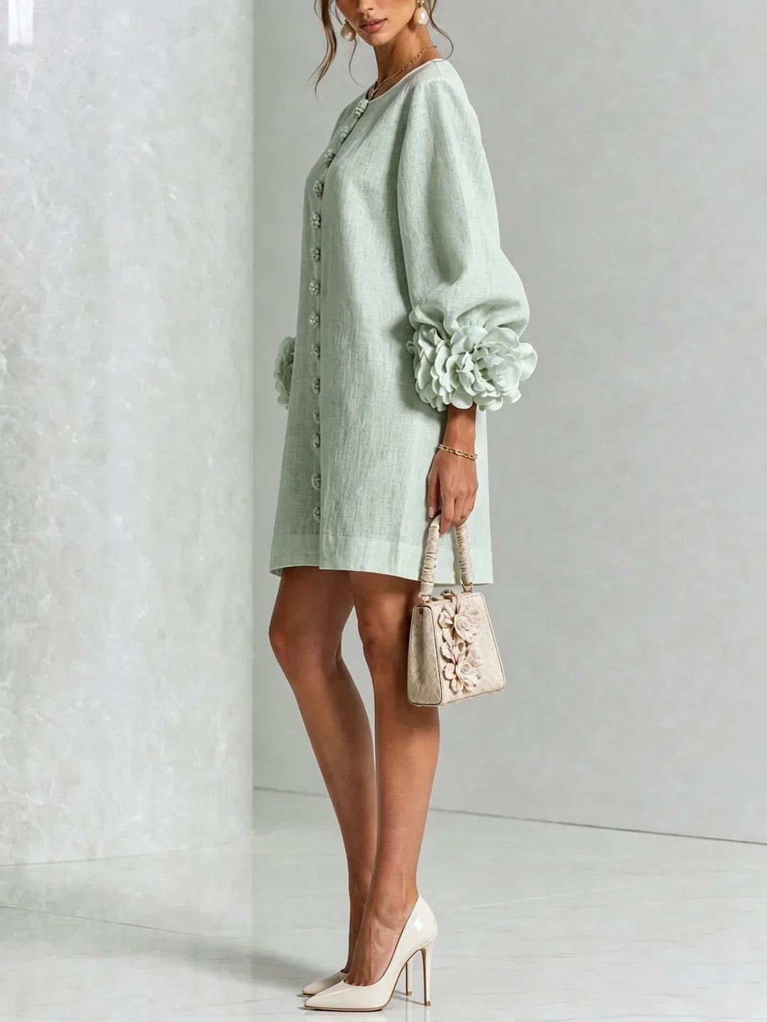 Elvira Mini Dress with Floral Buttons and Flower Sleeves