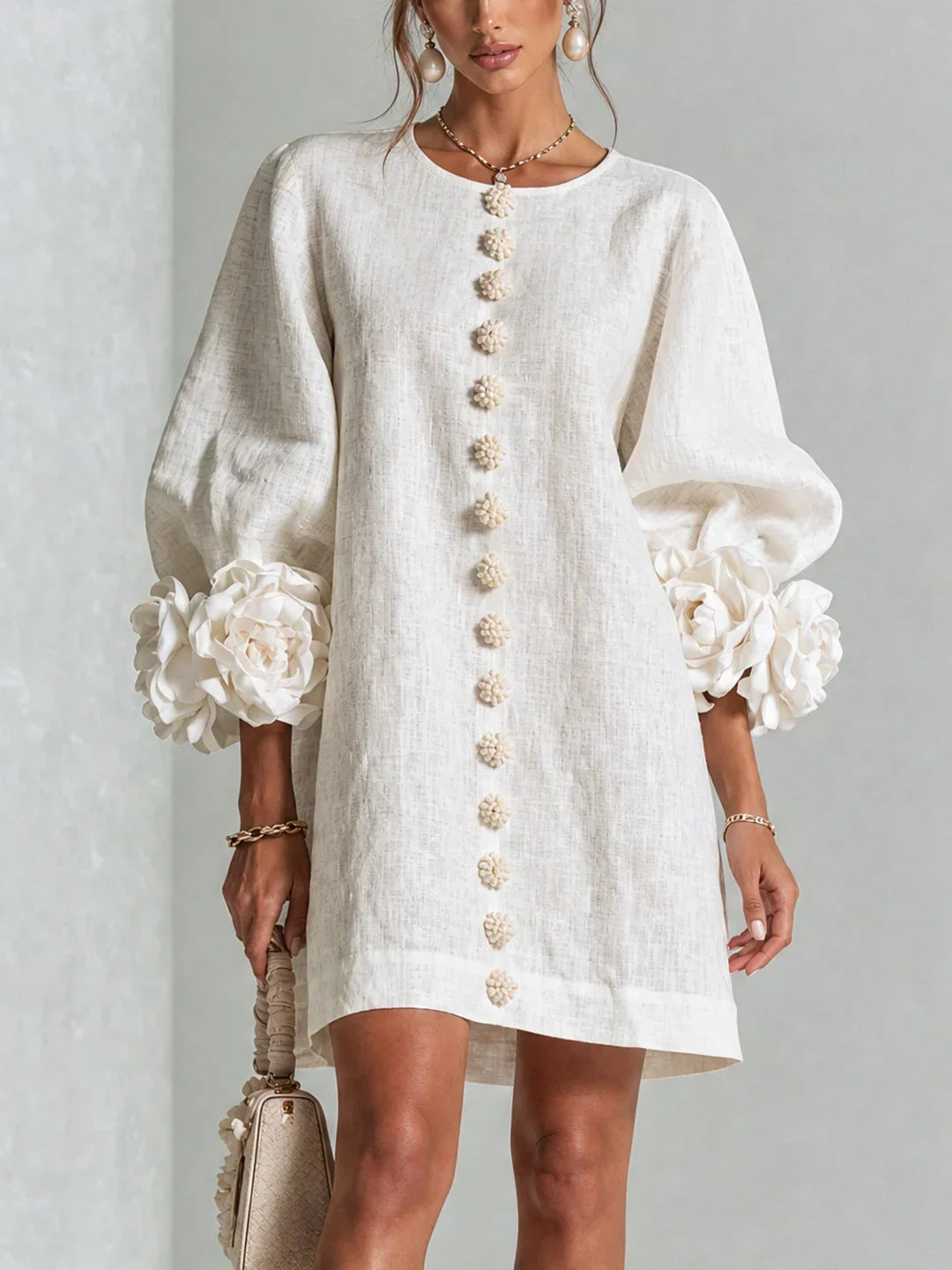 Elvira Mini Dress with Floral Buttons and Flower Sleeves