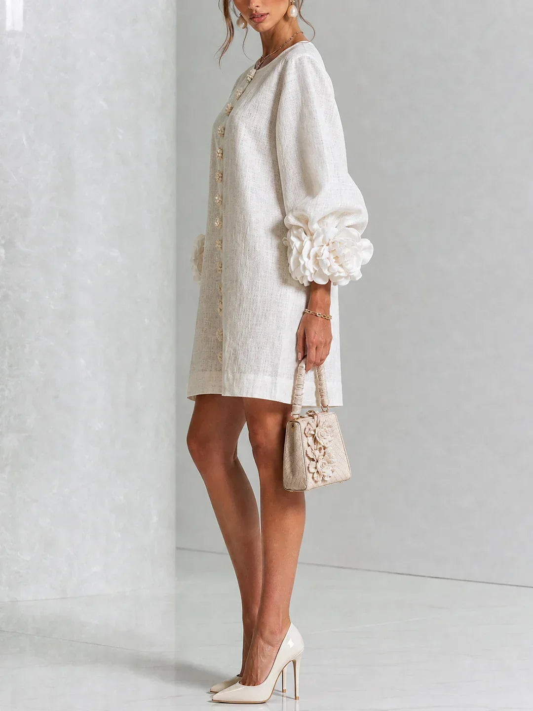 Elvira Mini Dress with Floral Buttons and Flower Sleeves
