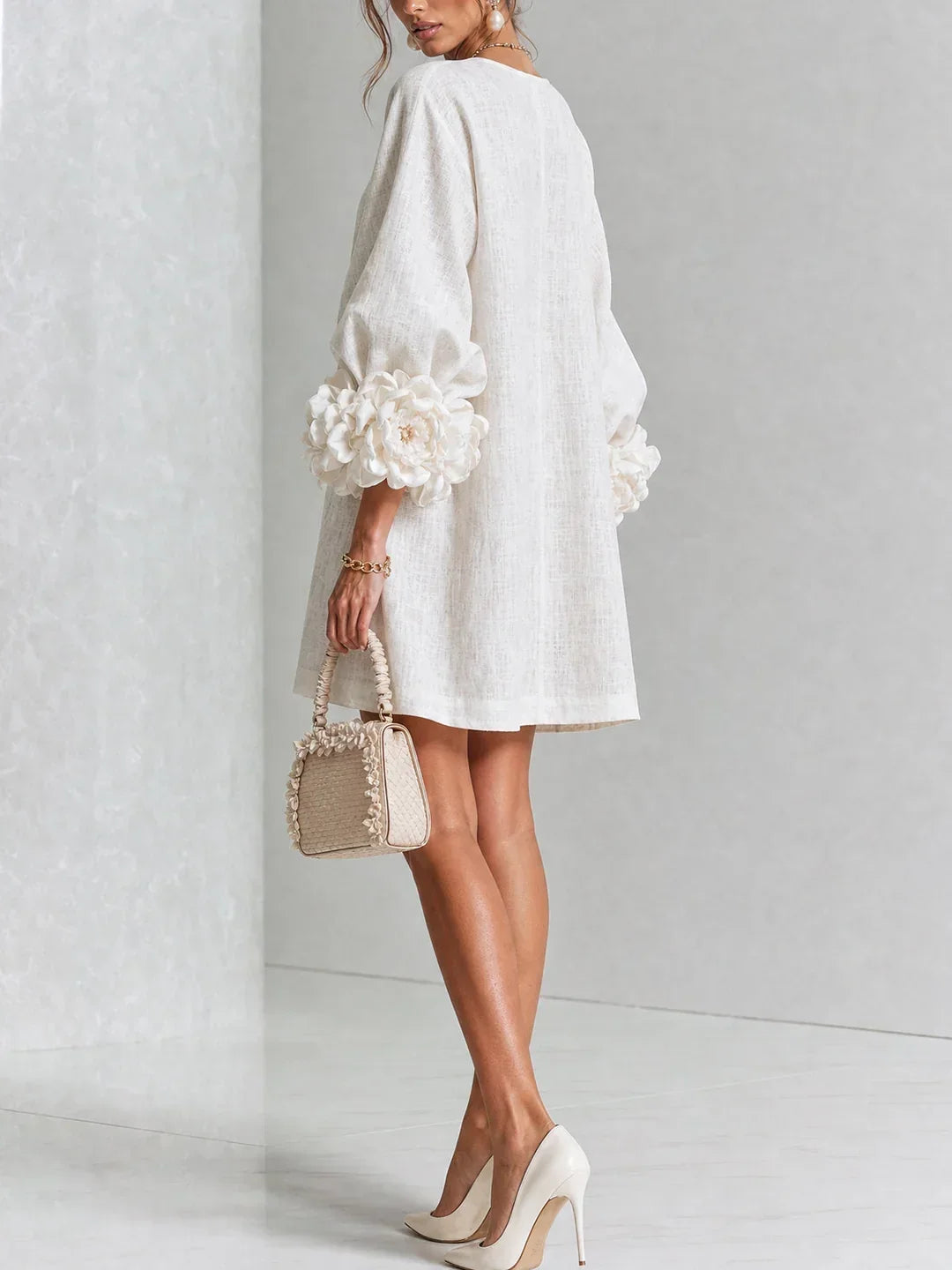 Elvira Mini Dress with Floral Buttons and Flower Sleeves