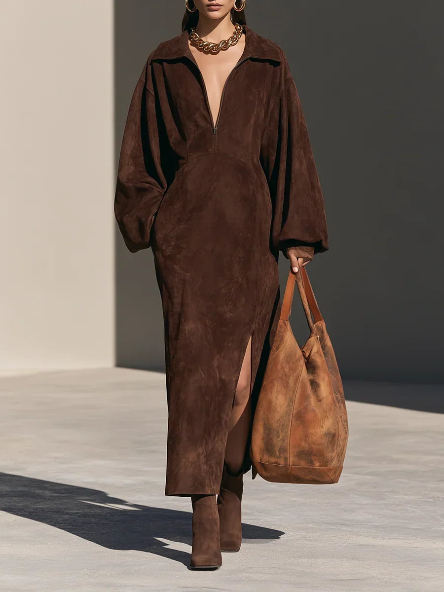 KLARA | SUEDE-LOOK HALF-ZIP MAXI DRESS