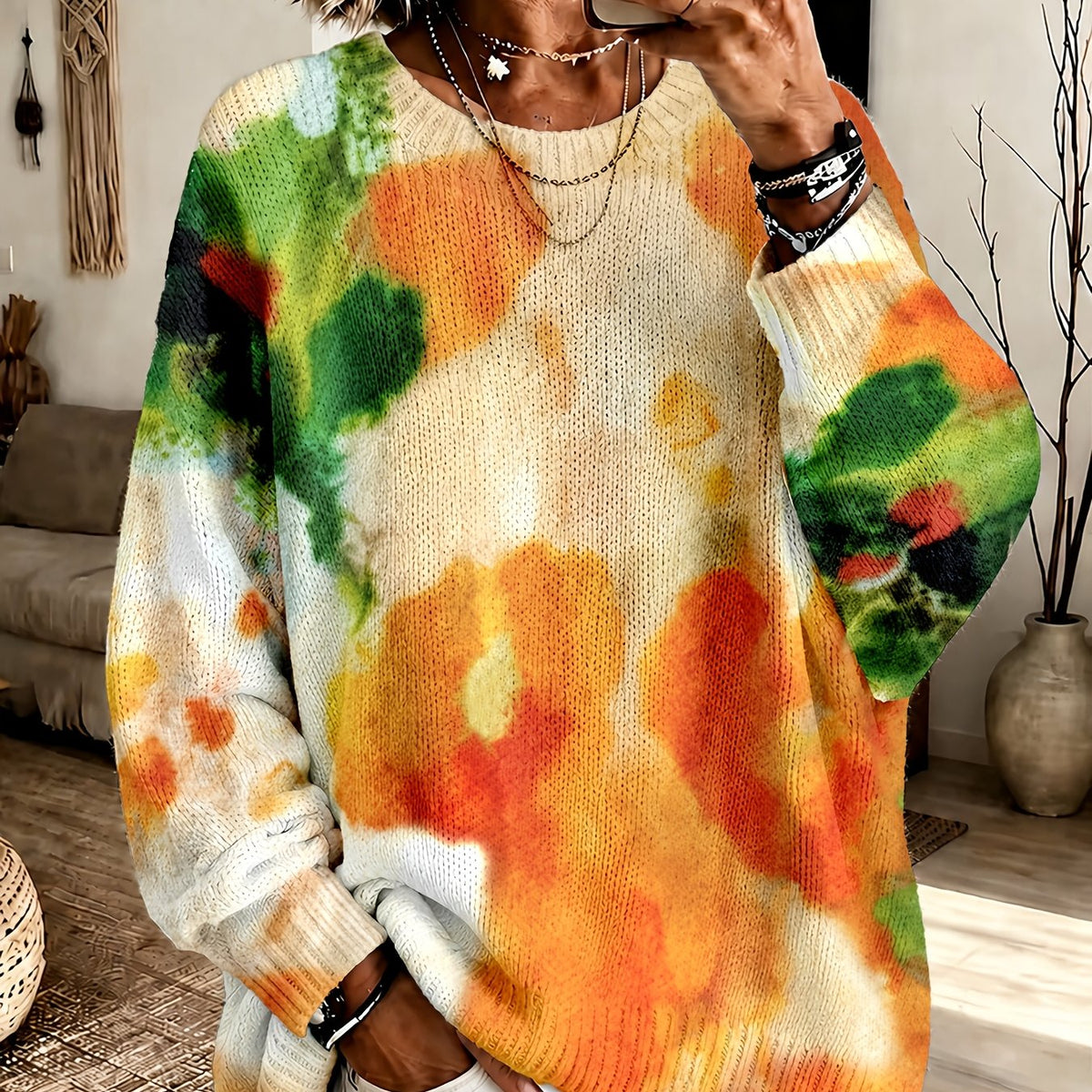Amberlei™ | Orange Tie-Dye Floral Sweater