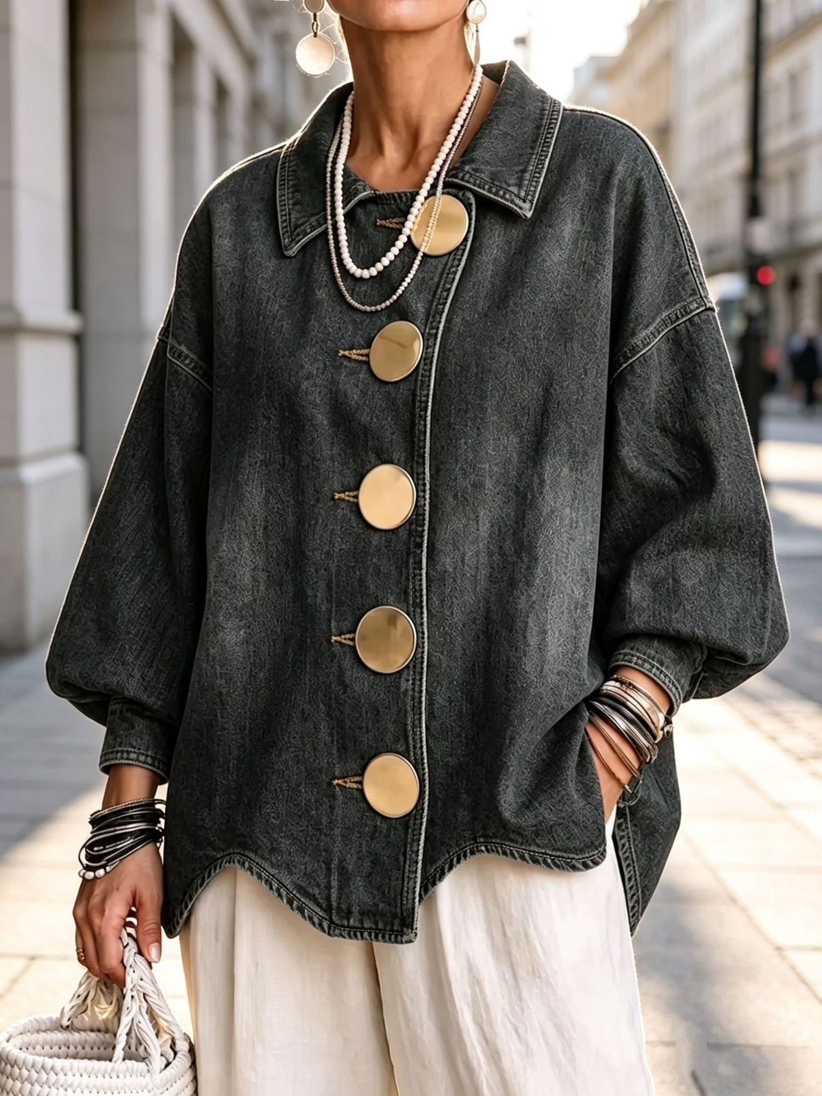 Grace | Collared Oversized Denim Jacket With Large Metal Buttons