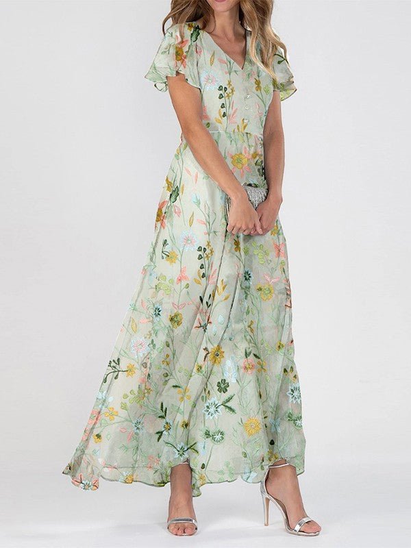 Julia | Dames Romantische Bloemen V-Hals Maxi Jurk