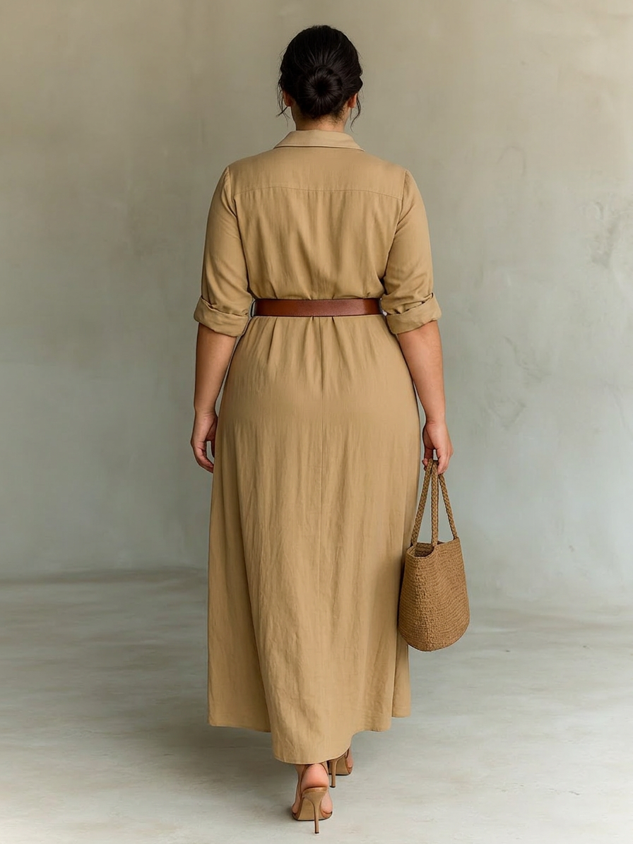 Long Maxi Dress with Notched Collar and Long Sleeves for Women