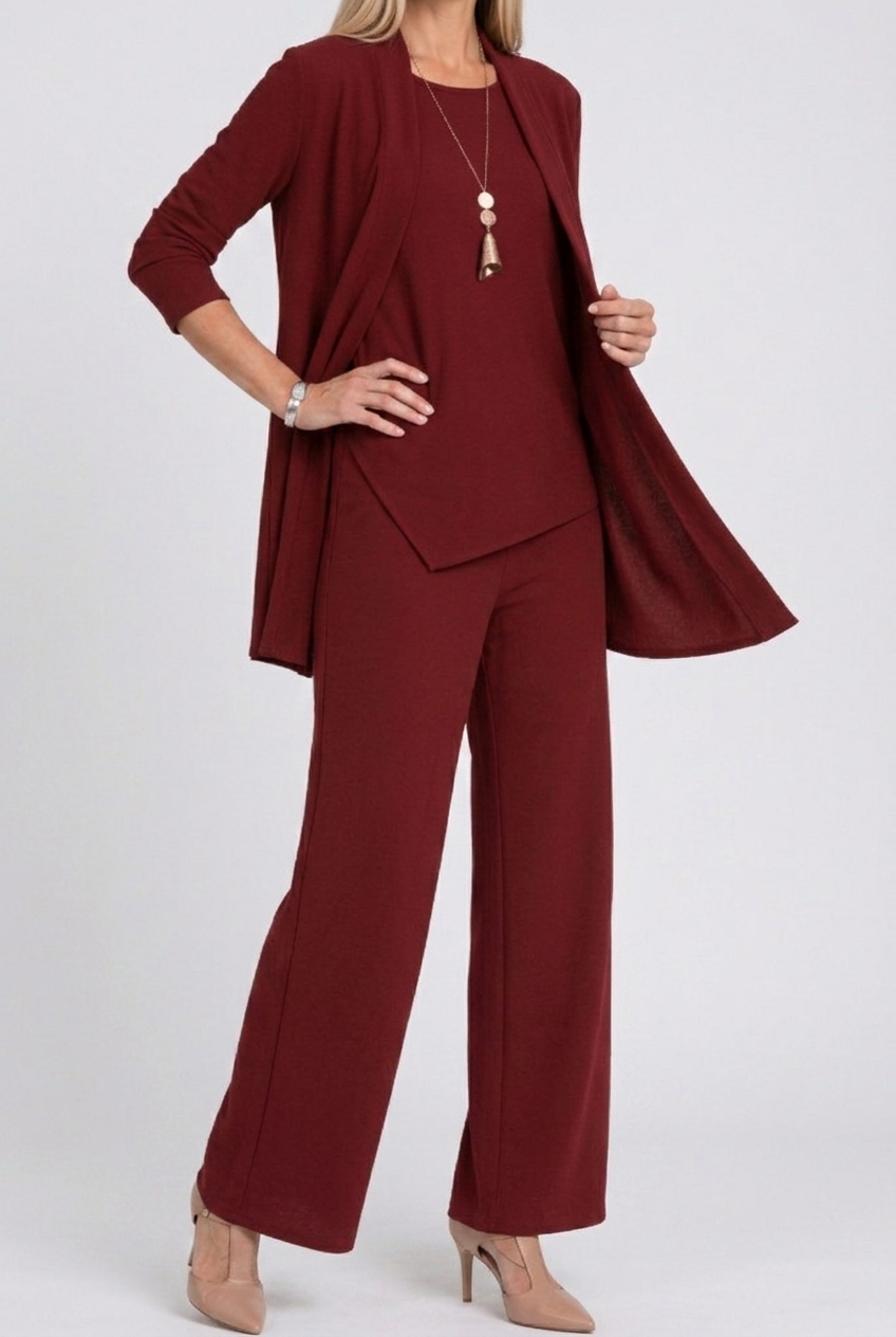 Three Piece Coordinated Set Cardigan Top and Trousers for Women