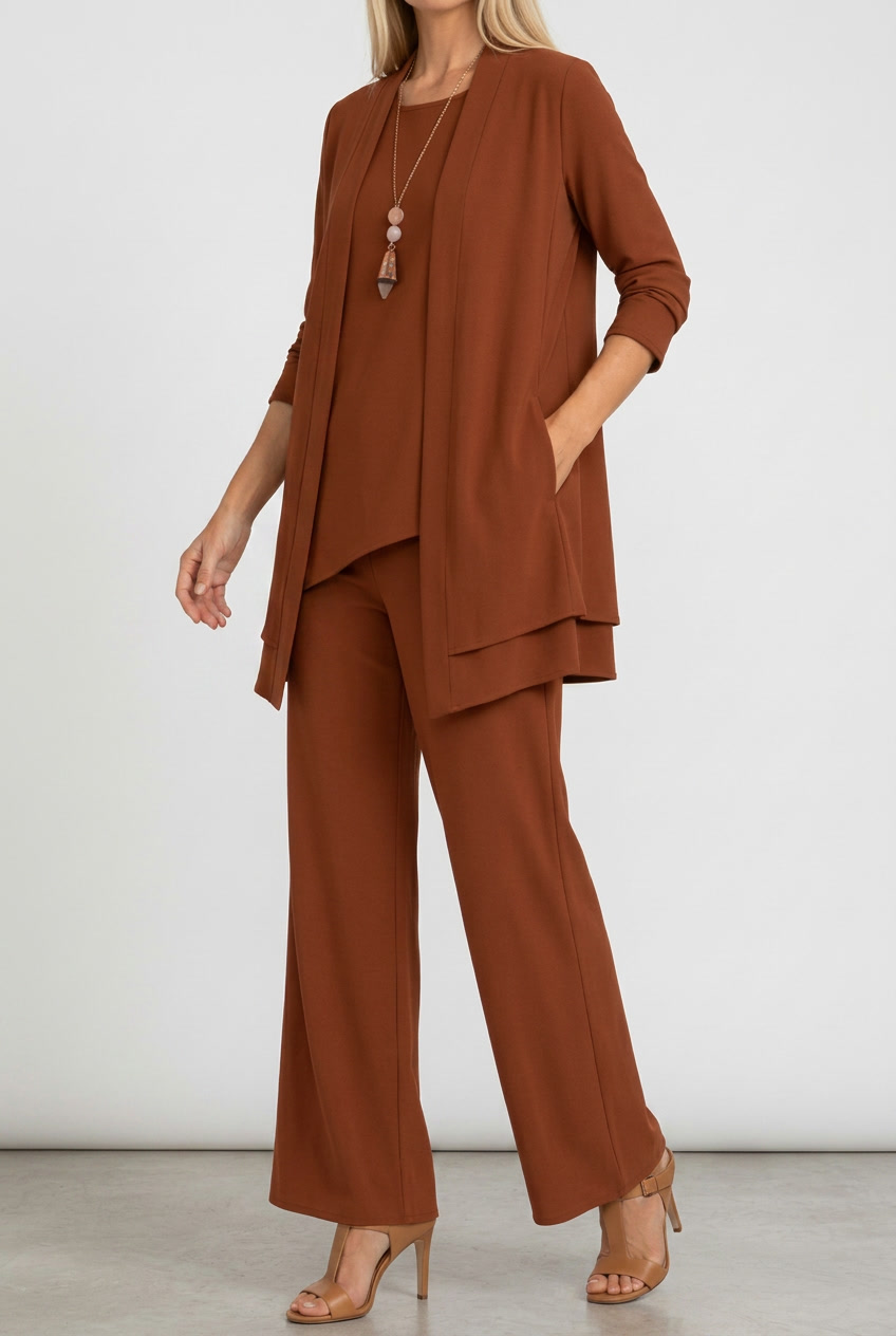 Three Piece Coordinated Set Cardigan Top and Trousers for Women