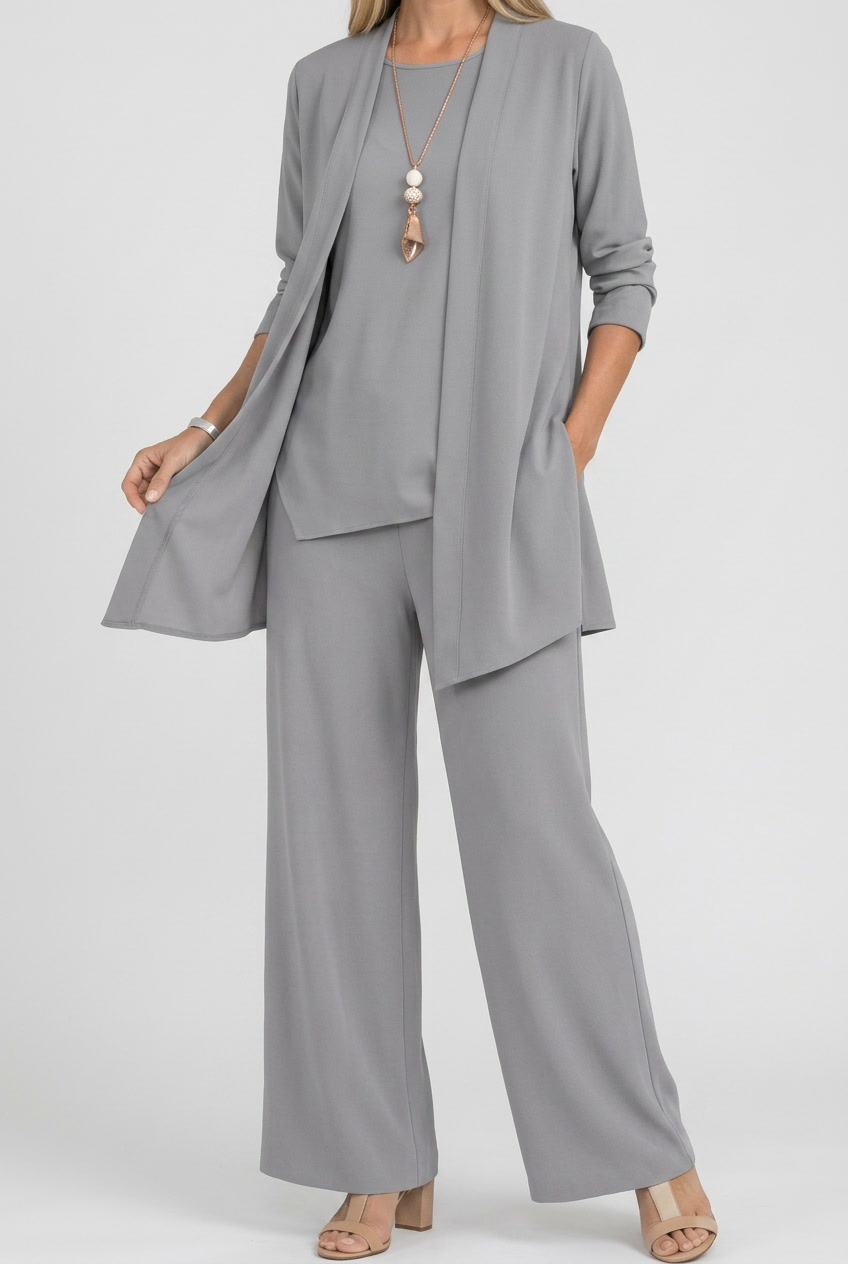 Three Piece Coordinated Set Cardigan Top and Trousers for Women