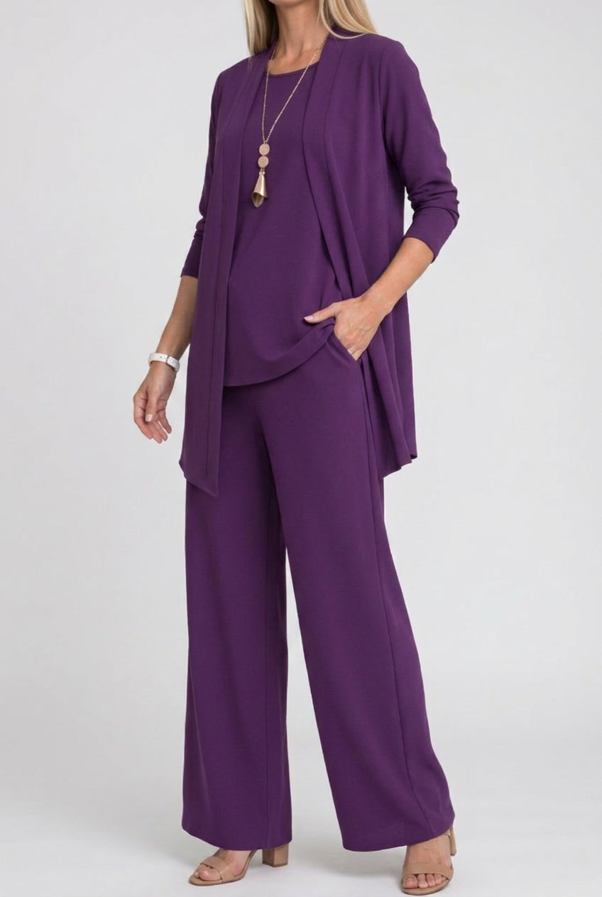 Three Piece Coordinated Set Cardigan Top and Trousers for Women