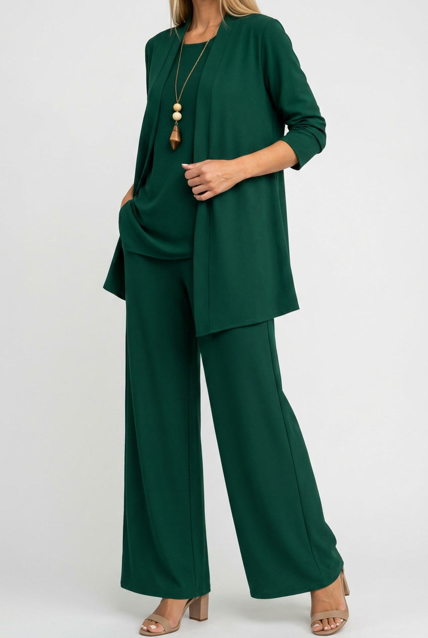 Three Piece Coordinated Set Cardigan Top and Trousers for Women