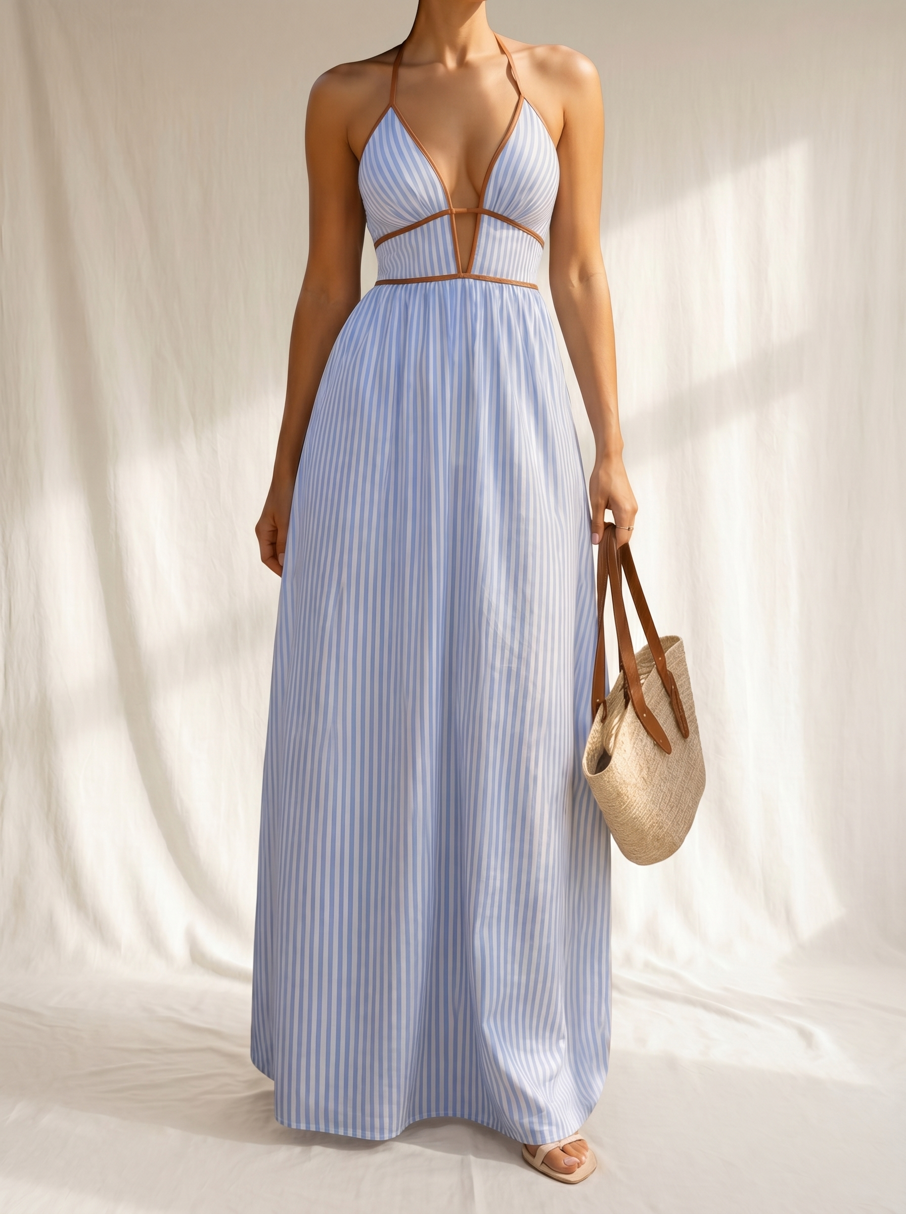 Laurina | Striped Long Dress with Cut-Out Neckline