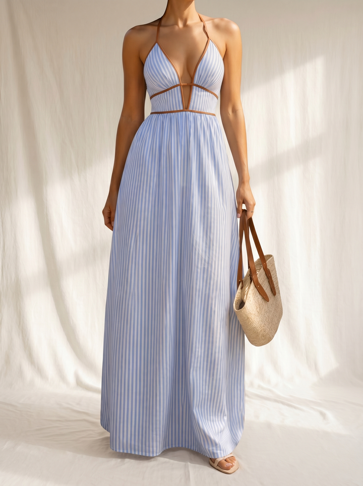 Laurina | Striped Long Dress with Cut-Out Neckline