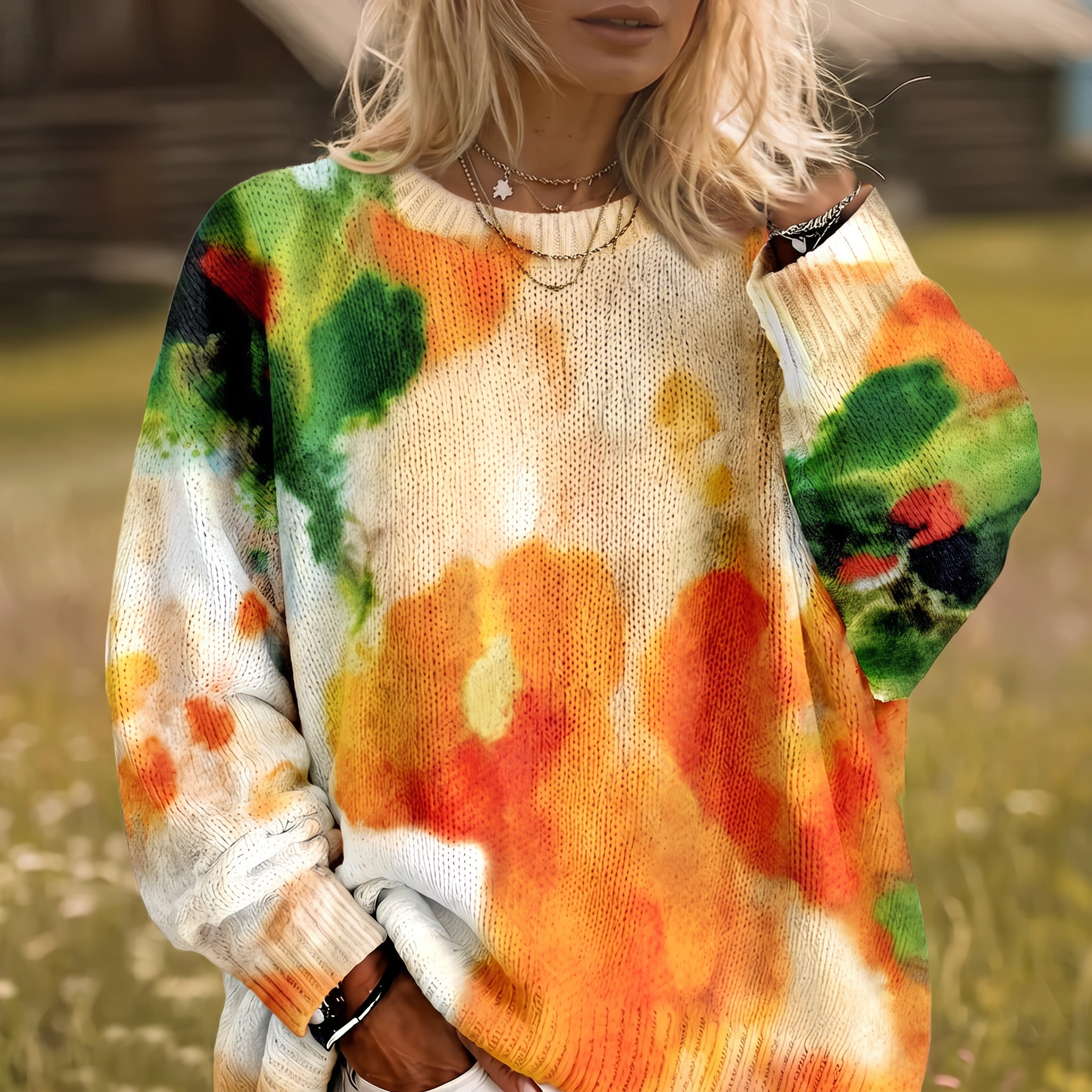 Amberlei™ | Orange Tie-Dye Floral Sweater