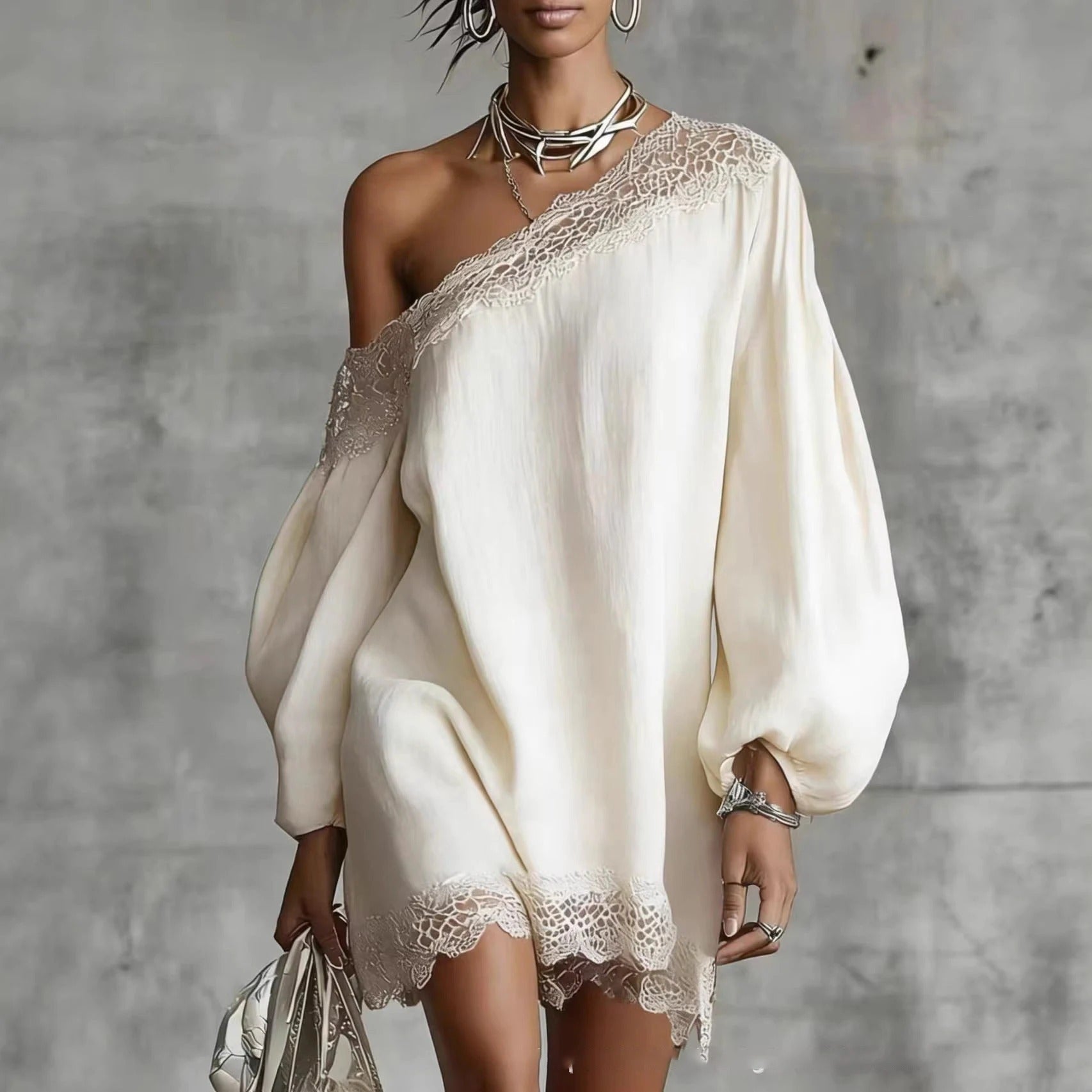 Olivia Mini Lace Dress with Off-the-Shoulder and Puff Sleeves