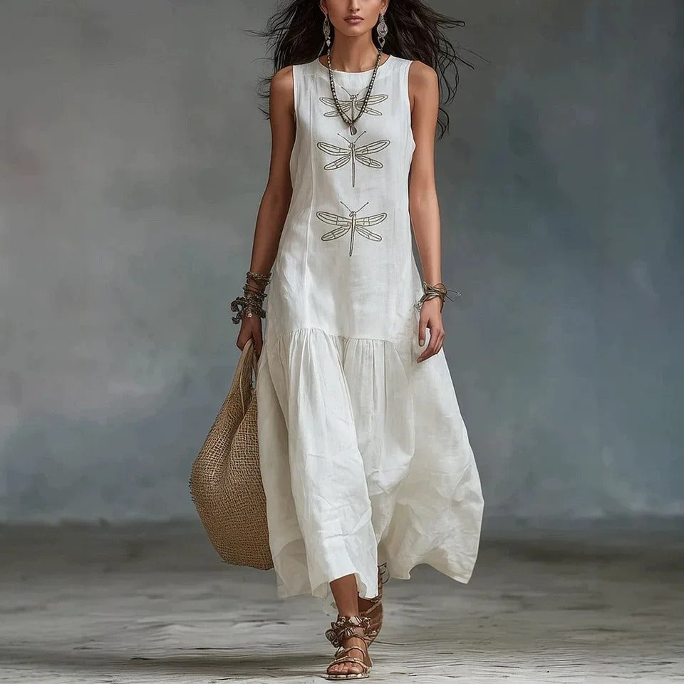 Daniela Midi Bohemian Dress with Dragonfly Print
